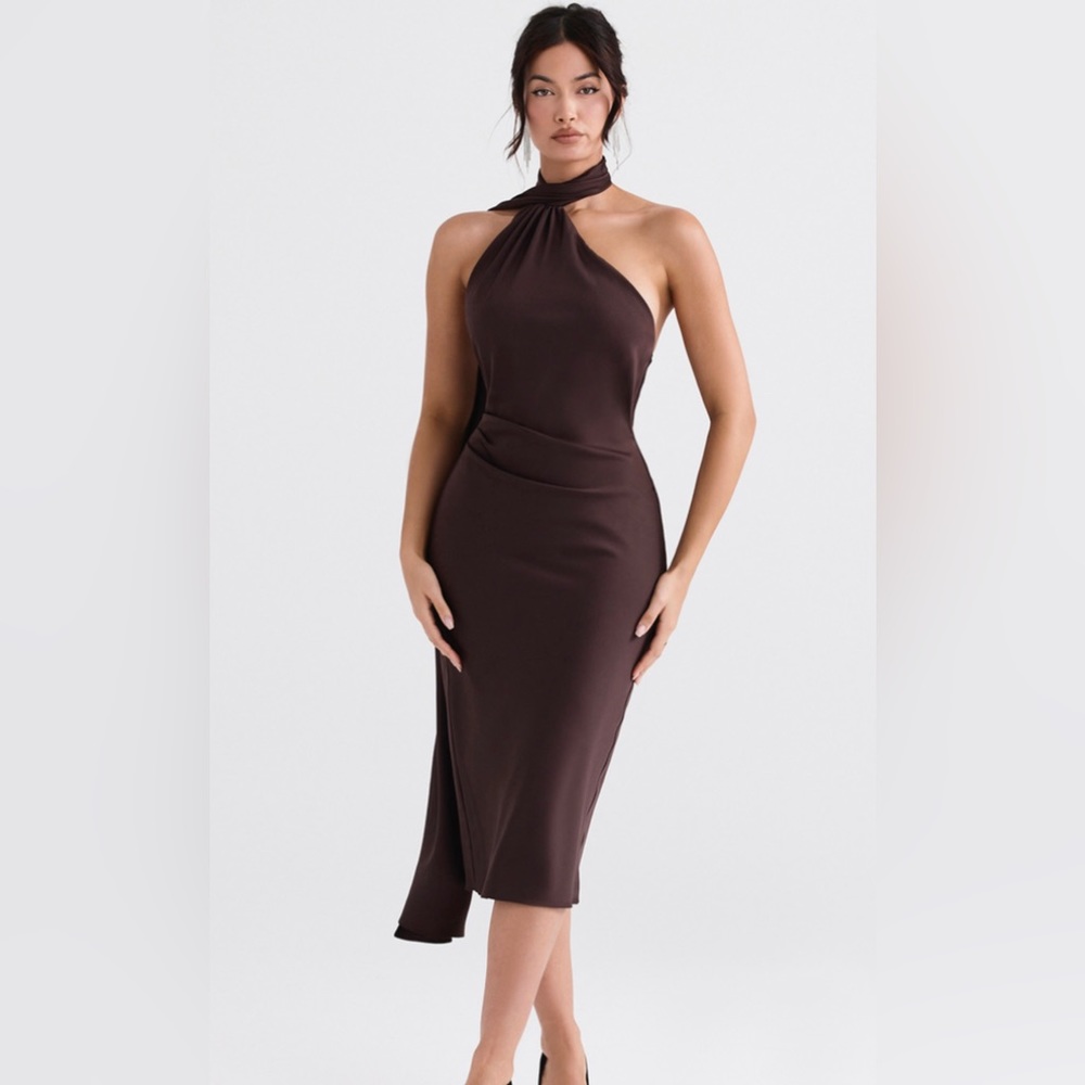 House of CB London NWT Angelina Asymmetric Halter Midi Dress Brown Size L Satin
